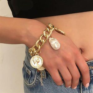 Sakytal Punk Gold Link Bracelets Chunky Cuban Chain Bracelet Dainty Coin